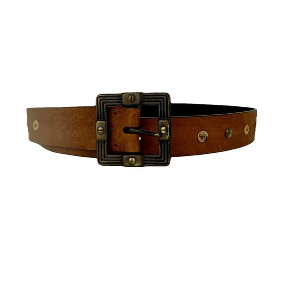 Genuine Brown Leather Belt with Concho Shells & Metal Buckle‎ – Size Small - Picture 2 of 9